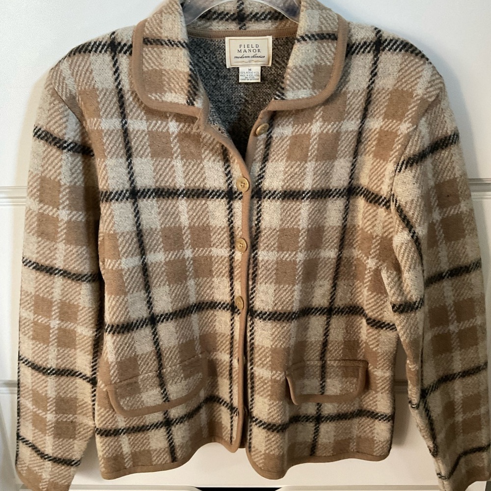 Merino wool suit jacket / blazer.  Tan, cream and black color.